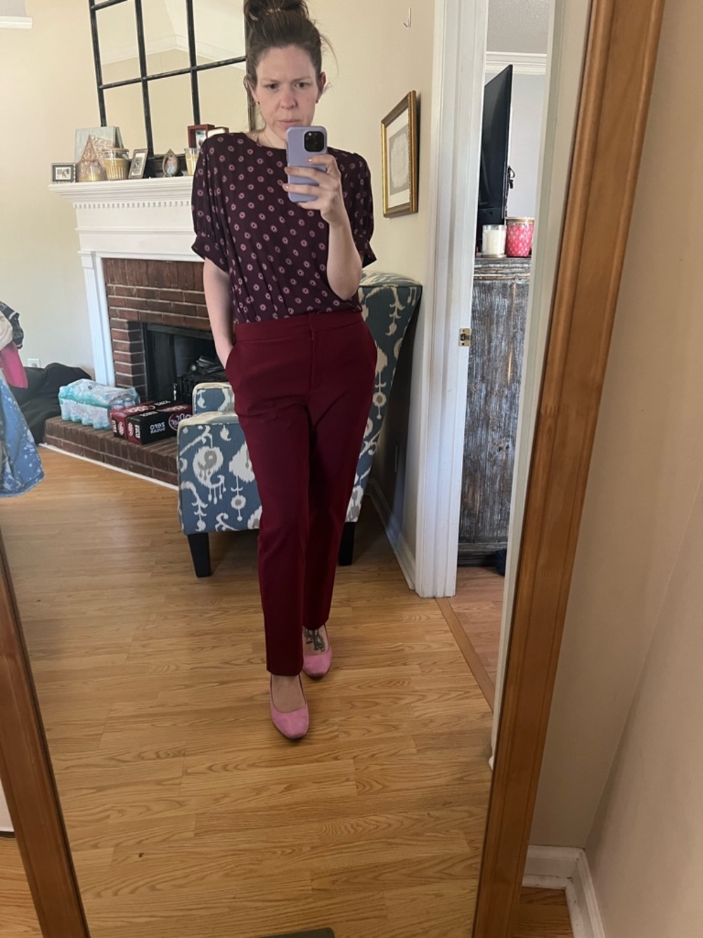 Ann Taylor Mixed Media Popover Plum Printed Short Sleeve Blouse - Picture 7 of 10